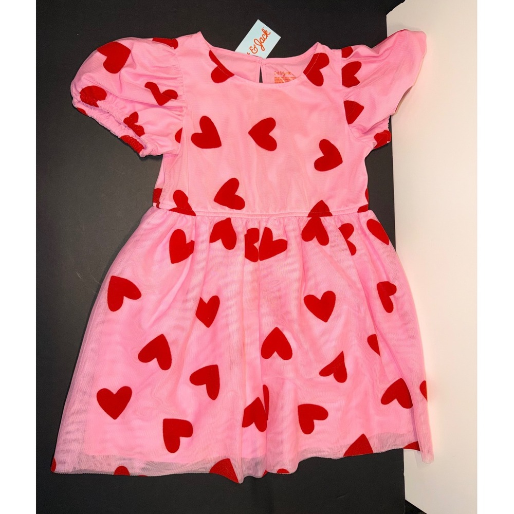 Cat & Jack Girls 5T Valentine's Day Pink Heart Mesh Tulle Puff Sleeve Dress